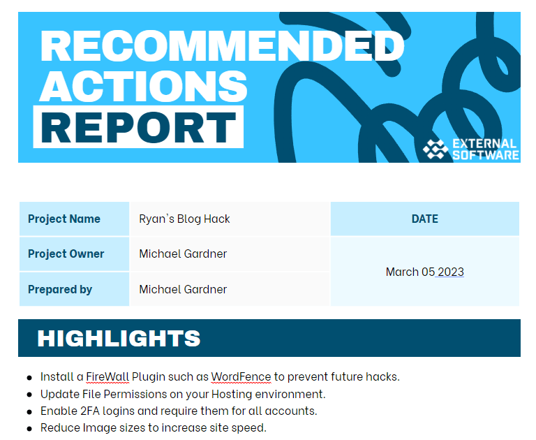 WordPress Support Recommended Actions Report